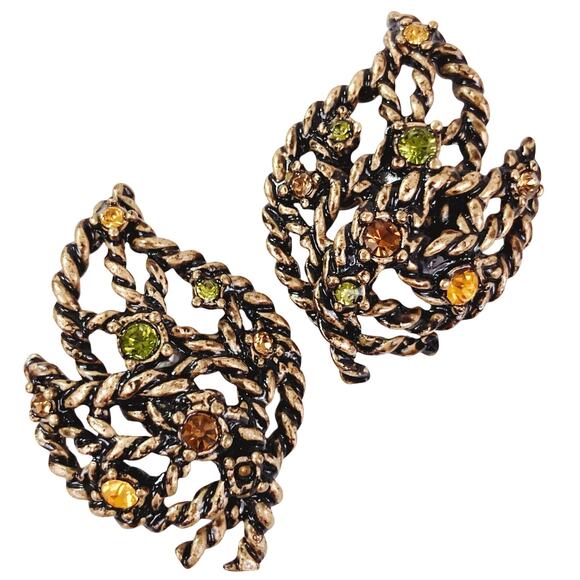 Vintage Signed Avon Gold Tone Leaf Rhinestone Earrings 1970s Autumn Fall Pin - Picture 1 of 9